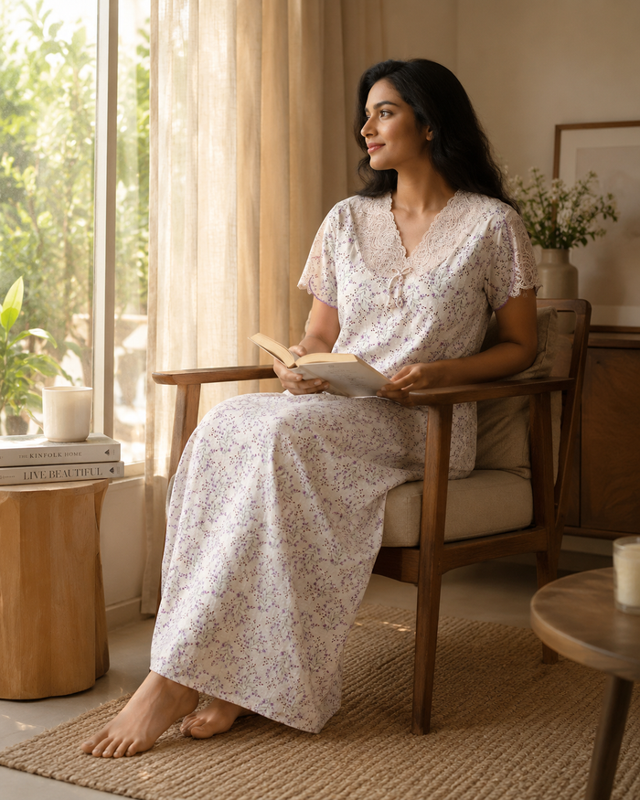 Floral peach women's nightwear dresses in bamboo fabric