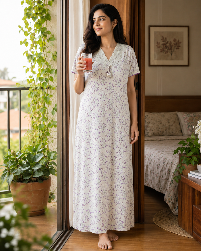 Floral yellow women's nightwear dresses in bamboo fabric