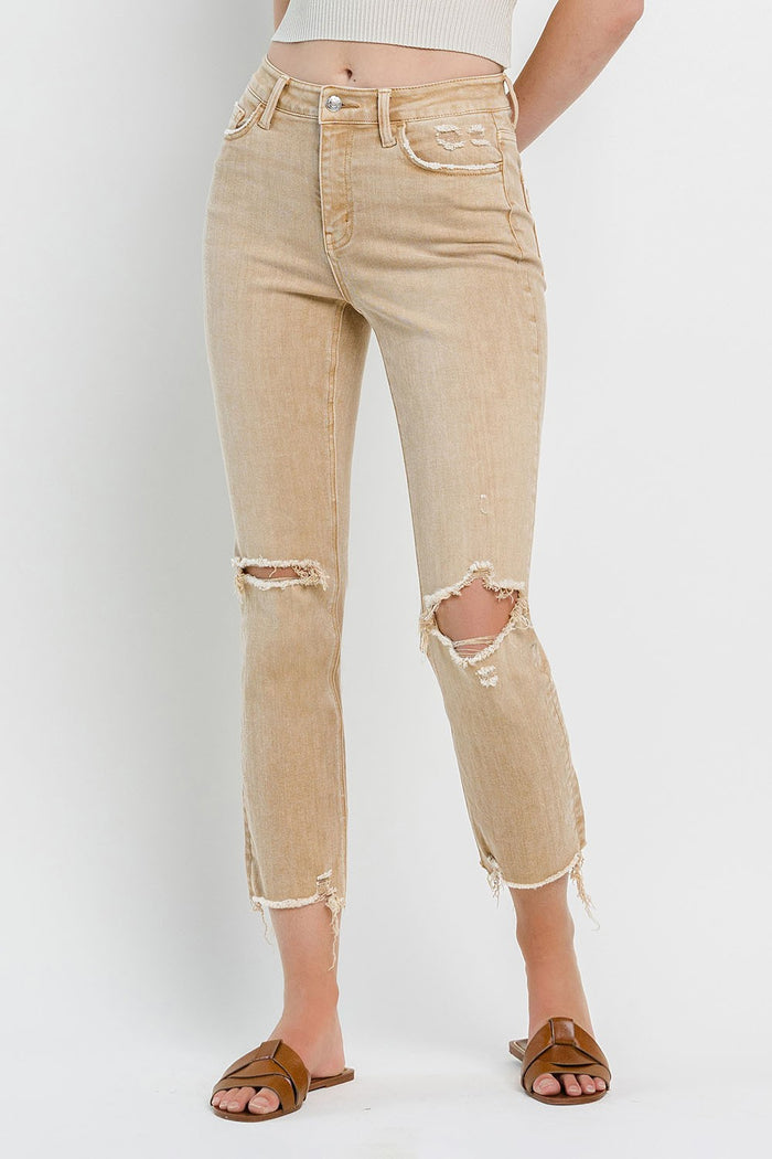 Khaki straight cropped jeans with ripped knees and frayed cuffs