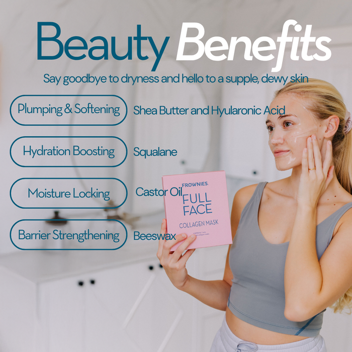 Woman applying a full face collagen mask with text highlighting beauty benefits on a blurred bathroom background