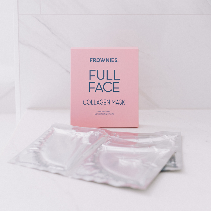 Frownies Full Face Collagen Mask packaging with masks on a white background