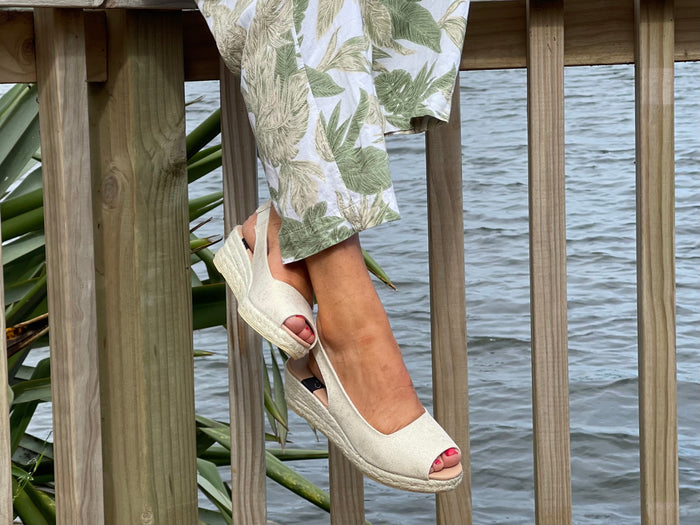 Comfortable, Spanish leather, wedge espadrille sandals. Slingback in cream colour. Quality European women's footwear and shoes.