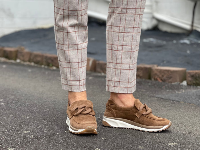 Wallabee style European sneakers in quality tan suede leather. Women's shoes made in Spain.