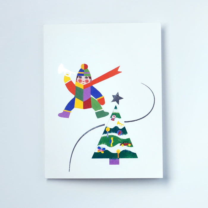 Colorful illustration of a character skiing over a Christmas tree on a white background