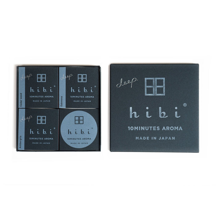 Hibi Deep incense matches gift box shown open and closed, featuring Cedar Wood, Oakmoss, and Ambergris packs on a white background.