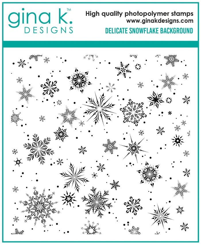 Gina K. Designs - Background Stamp - Delicate Snowflake. Delicate Snowflake is a stamp set by Gina K Designs. This set is made of premium clear photopolymer and measures 6" X 6". Made in the USA. Made in the USA. Available at Embellish Away located in Bowmanville Ontario Canada.
