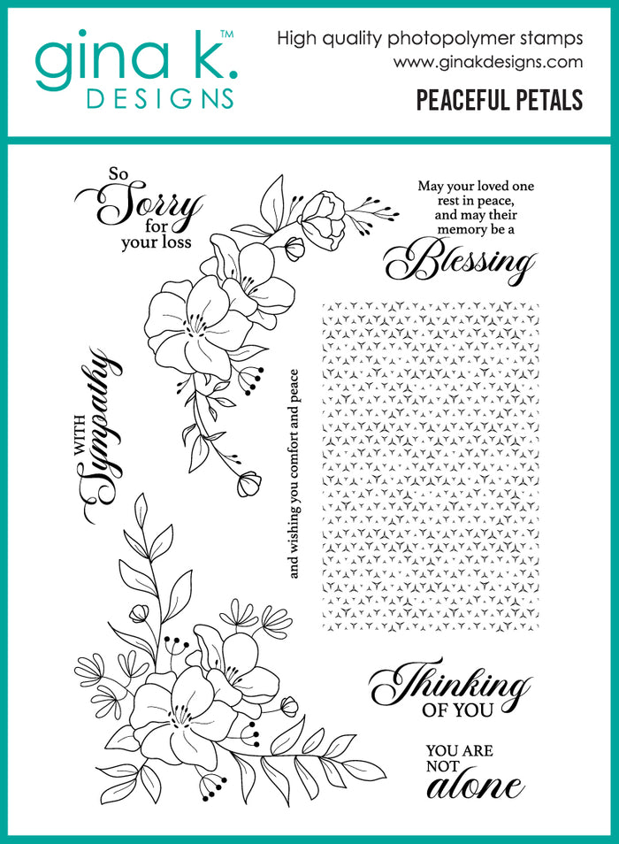 Gina K. Designs - BUNDLE - Stamp, Die & Stencil Set - Peaceful Petals. Set by Gina K. Designs. At Embellish Away in Bowmanville Ontario Canada.
