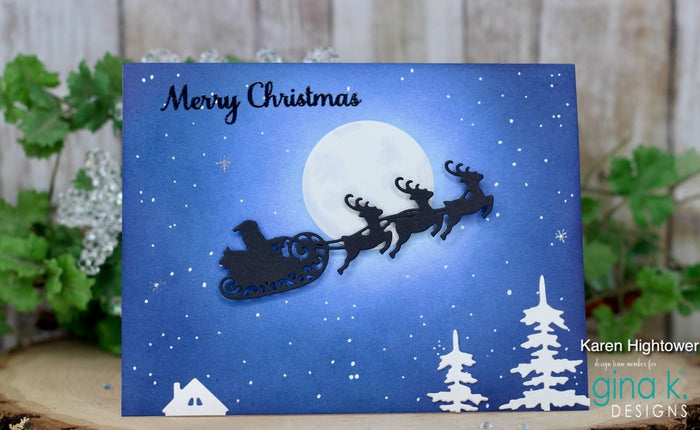 Gina K. Designs - Dies - Santa Silhouette. Compatible with most die cutting machines. Follow the manufacturer's instructions for your specific machine for cutting wafer thin dies. Available at Embellish Away located in Bowmanville Ontario Canada. card design by Karen Hightower.
