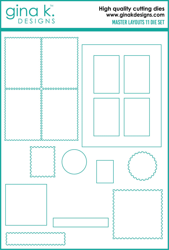 Gina K. Designs - Dies Master Layouts 11. These dies are compatible with most die cutting machines.  Follow the manufacturer's instructions for your specific machine for cutting wafer thin dies. Available at Embellish Away located in Bowmanville Ontario Canada.