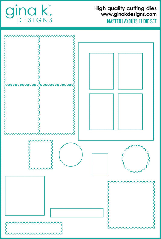 Gina K. Designs - Dies Master Layouts 11. These dies are compatible with most die cutting machines.  Follow the manufacturer's instructions for your specific machine for cutting wafer thin dies. Available at Embellish Away located in Bowmanville Ontario Canada.