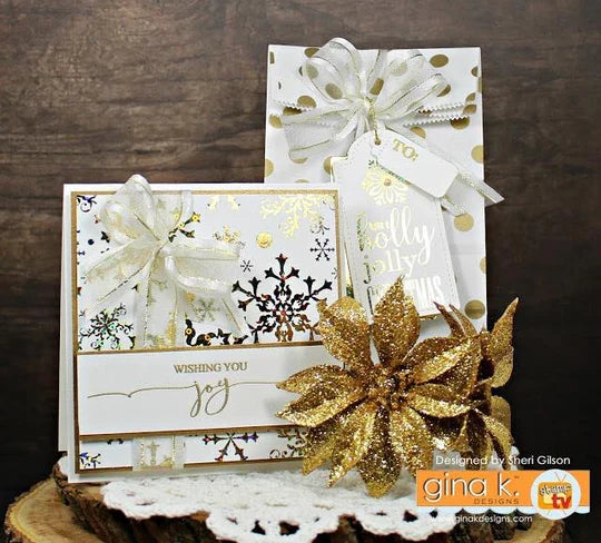 Gina K. Designs - Mini Stamp - Scripty Holiday. Clear photopolymer and measures 4"X4".  Available at Embellish Away located in Bowmanville Ontario Canada. Example by Sheri Gilson