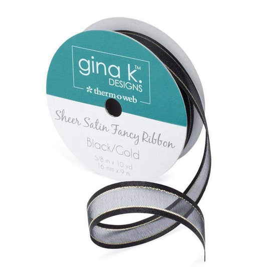 Gina K. Designs - Sheer Satin Fancy Ribbon - 5/8" x 10yds - Black/Gold. Available at Embellish Away located in Bowmanville Ontario Canada.