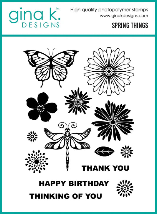 Gina K. Designs Stamp Spring Things. By Gina K Designs. Clear photopolymer and measures 6"X8". Available at Embellish Away located in Bowmanville Ontario Canada