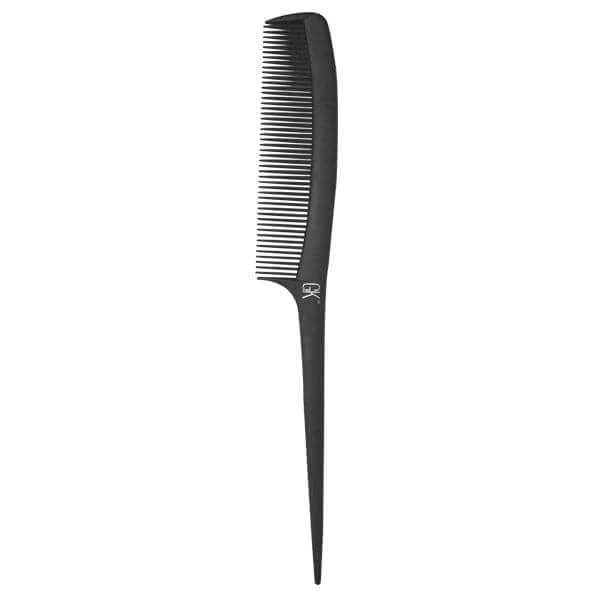 GK Hair Fine Tooth Comb with Heat Resistant, a black tail comb with a pointed handle, upright on a white background