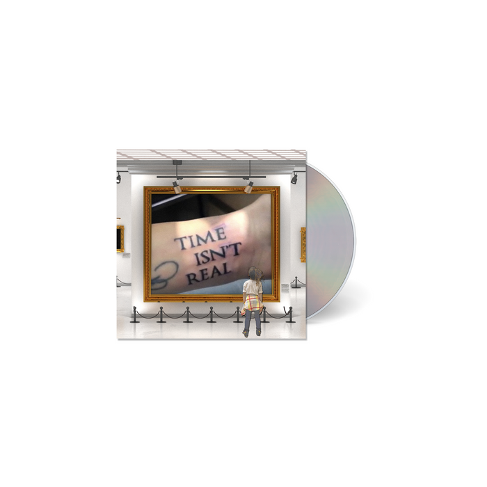 Grabbitz "Time Isn't Real" CD album cover. Image depicts an art gallery with someone looking at a painting of someone having the text Time Isn't Real tattooed on their wrist.