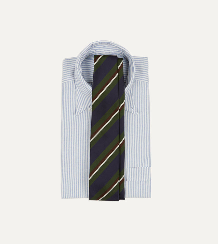 Green and Navy Stripe Silk Mogador Tipped Tie