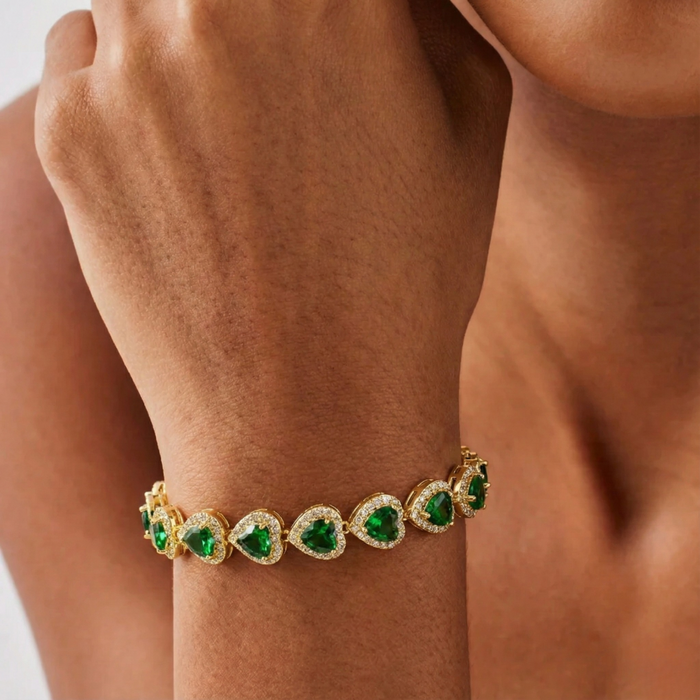 Green Heart Crystal Bracelet - Gold