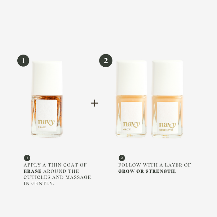 Three bottles of a skincare product labeled 'navy' with application instructions on a white background.