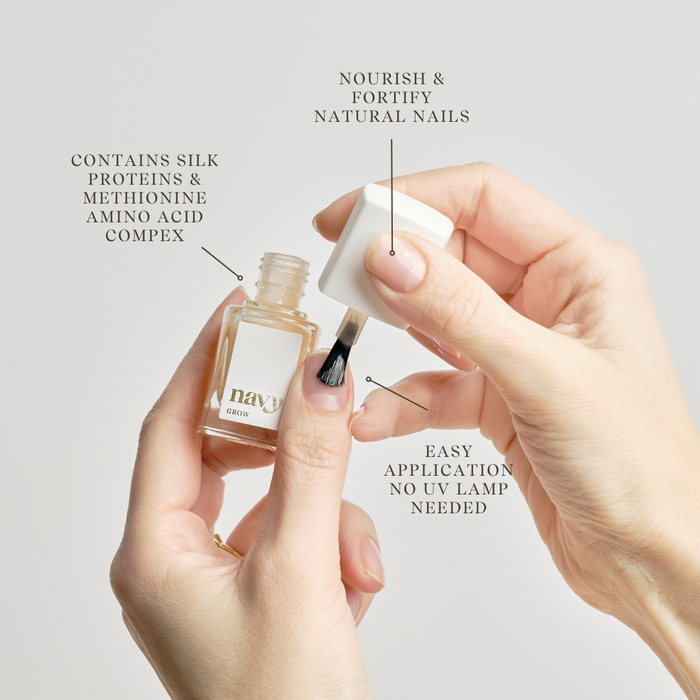 A nail growth treatment bottle with the brand name 'navy' displayed on it with hands showing easy application against a white background.