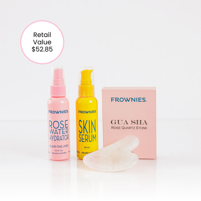Frownies gua sha rose quartz stone next to Frownies Rose water hydrator spray and skin serum. This is the Gua Sha Bundle. Image shows the retail value of $52.85 showcasing the discount value of purchasing as a bundle.