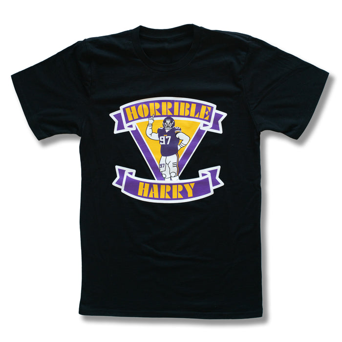 Black short sleeve tshirt with "Horrible Harry" screenprinted design