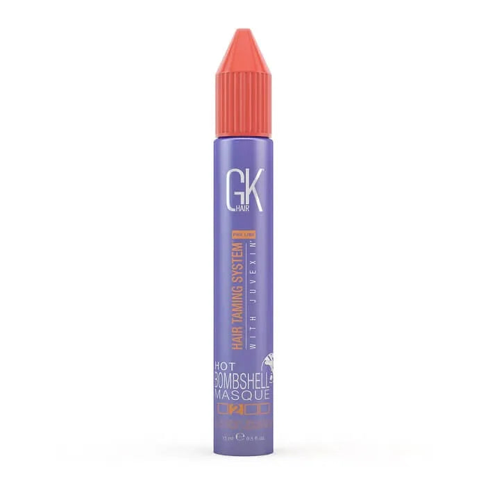 Front of the GK Hair Hot Bombshell Masque slim purple tube with coral cap, reading Hair Taming System with Juvexin, step 2