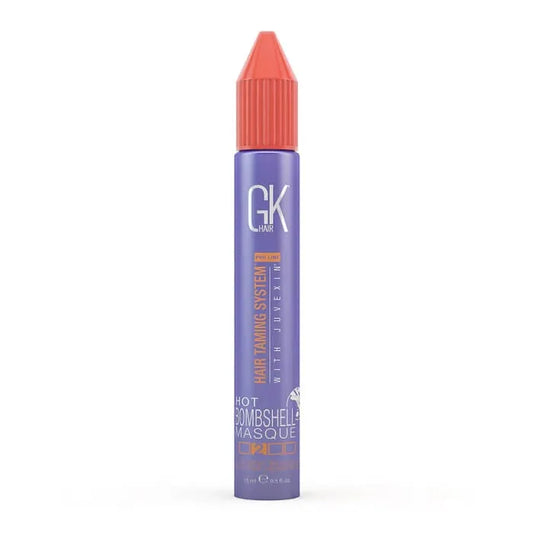 Front of the GK Hair Hot Bombshell Masque slim purple tube with coral cap, reading Hair Taming System with Juvexin, step 2
