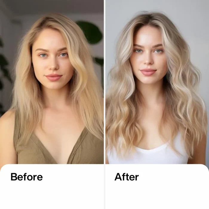 Before and after with GK Hair Hot Bombshell Masque: dull frizzy blonde on the left, glossy toned blonde waves on the right