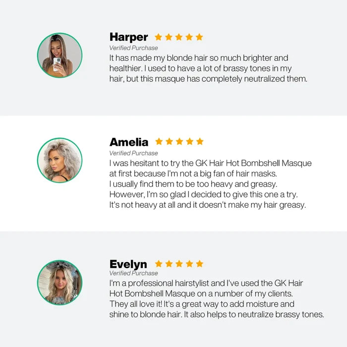 Harper, Amelia and Evelyn give GK Hair Hot Bombshell Masque five stars for brighter blonde and neutralized brassy tones