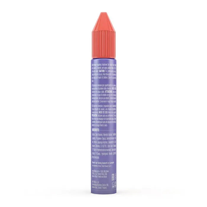 Back of the GK Hair Hot Bombshell Masque slim purple tube with coral cap, showing multilingual directions and ingredient list