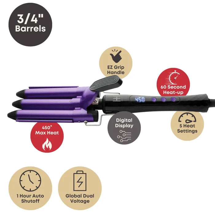 Hot & Hotter Digital Ceramic 3 Barrel Waver 3/4 Inch, 1 Count, Purple