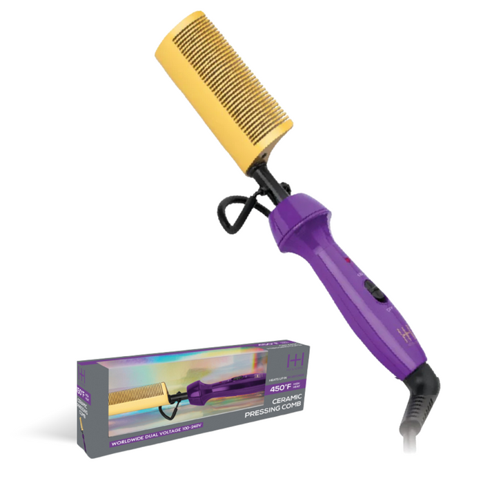 Hot & Hotter Electric Ceramic Pressing Comb Curved Teeth, 1 Count, Purple & Gold