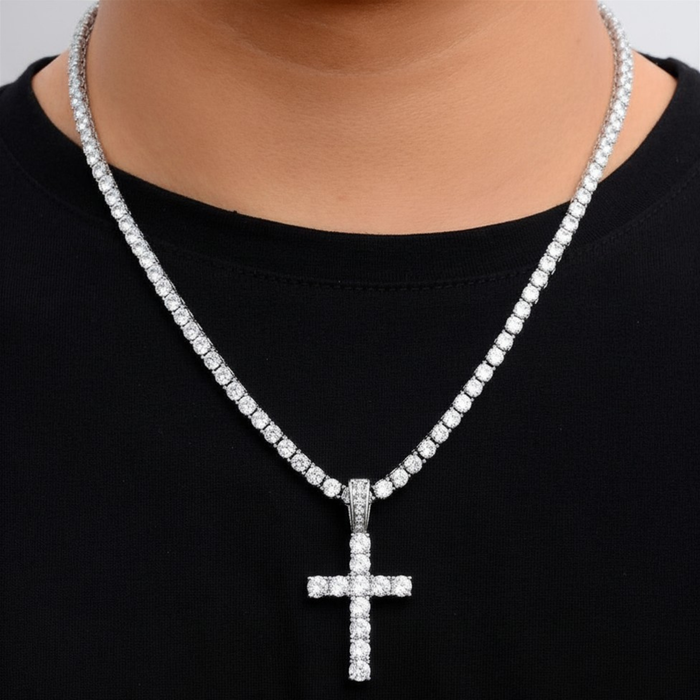 Iced Cross Pendant Chain - Silver