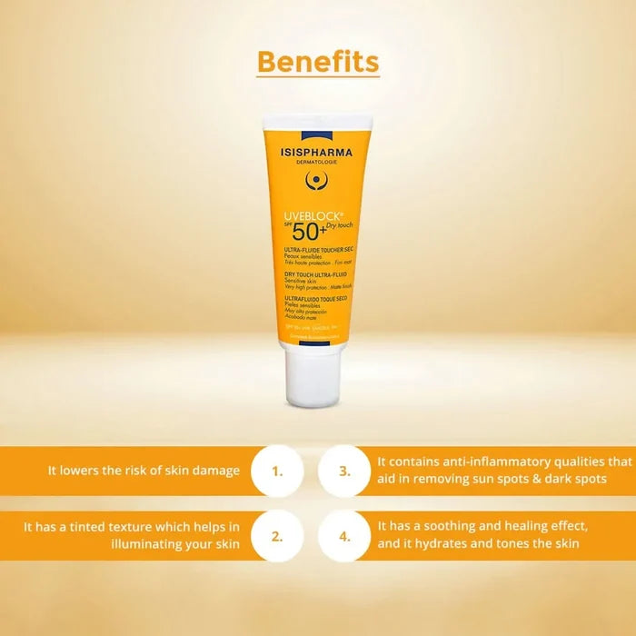 Sunscreen tube with Isis Pharma branding on a beige background, featuring product benefits.
