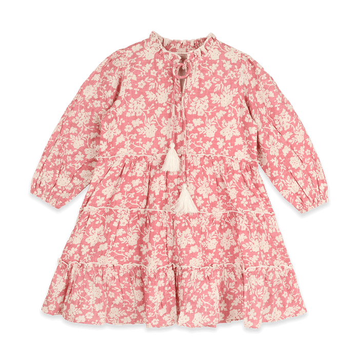 Jasmine Layered Girl Dress - Pink Floral (Organic Cotton) - Front