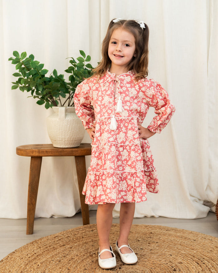 Viverano Jasmine Layered Girl Dress - Pink Floral (Organic Cotton) - Front View