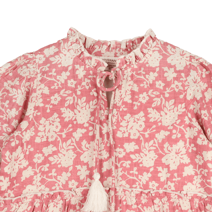 Jasmine Layered Girl Dress - Pink Floral (Organic Cotton) - Detail