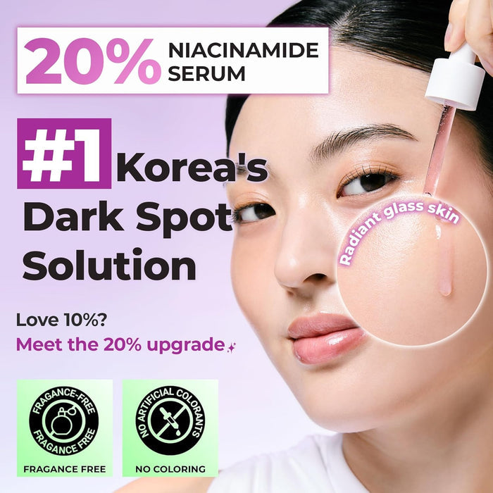 Advertisement for a 20% Niacinamide serum with a woman applying it to her face.
