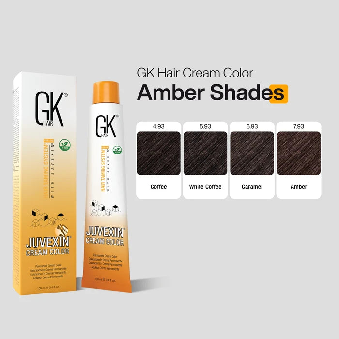 GK Hair Cream Color Amber Shades chart with the carton and tube: 4.93 Coffee, 5.93 White Coffee, 6.93 Caramel and 7.93 Amber