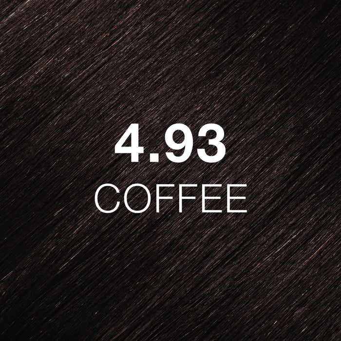 GK Hair Juvexin Cream Color 4.93 Coffee swatch filling the frame, deep espresso-brown strands with the code printed in white