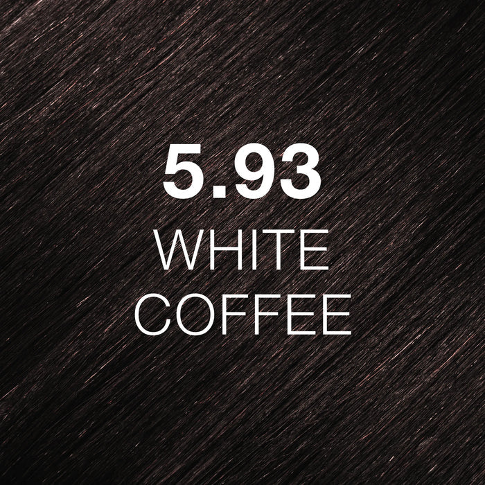 GK Hair Juvexin Cream Color 5.93 White Coffee swatch close-up, dark brown strands with a soft cool cast and the code in white