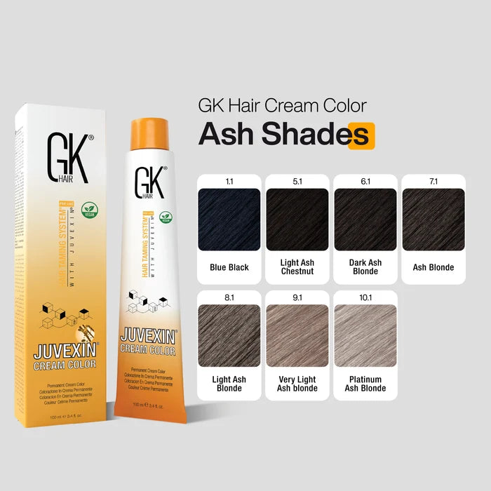 GK Hair Cream Color Ash Shades: 1.1 Blue Black, 5.1 Light Ash Chestnut, 6.1 Dark, 7.1, 8.1 Light, 9.1 Very Light, 10.1 Platinum Ash Blonde