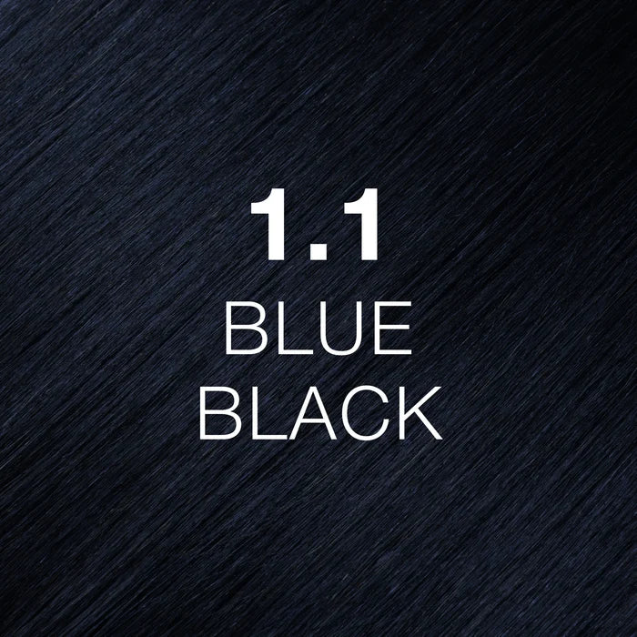 GK Hair Juvexin Cream Color 1.1 Blue Black hair color swatch, glossy blue-black hair texture with the shade code printed on it