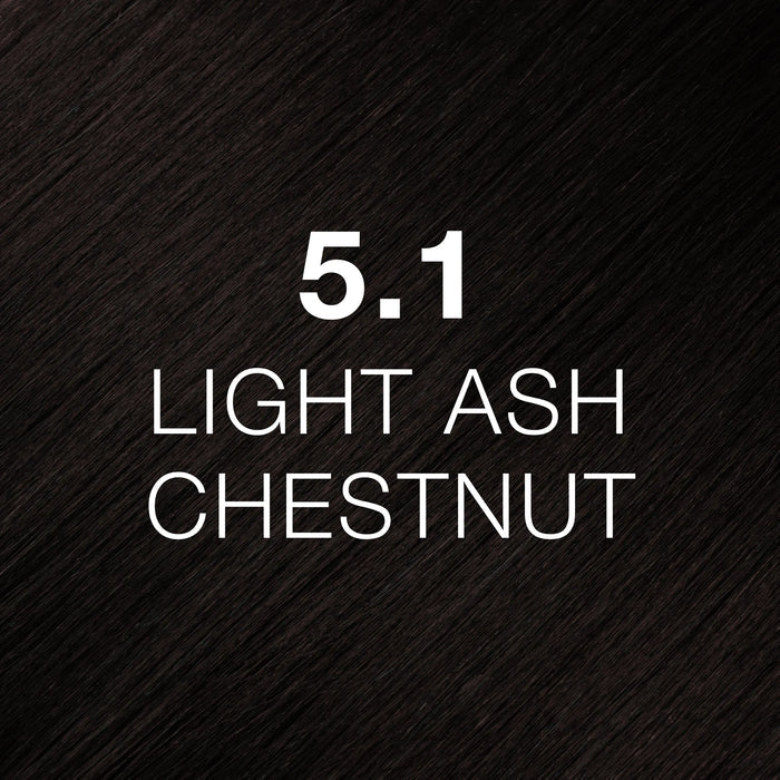 GK Hair Juvexin Cream Color 5.1 Light Ash Chestnut hair color swatch, near-black cool brown hair texture with the code printed on it