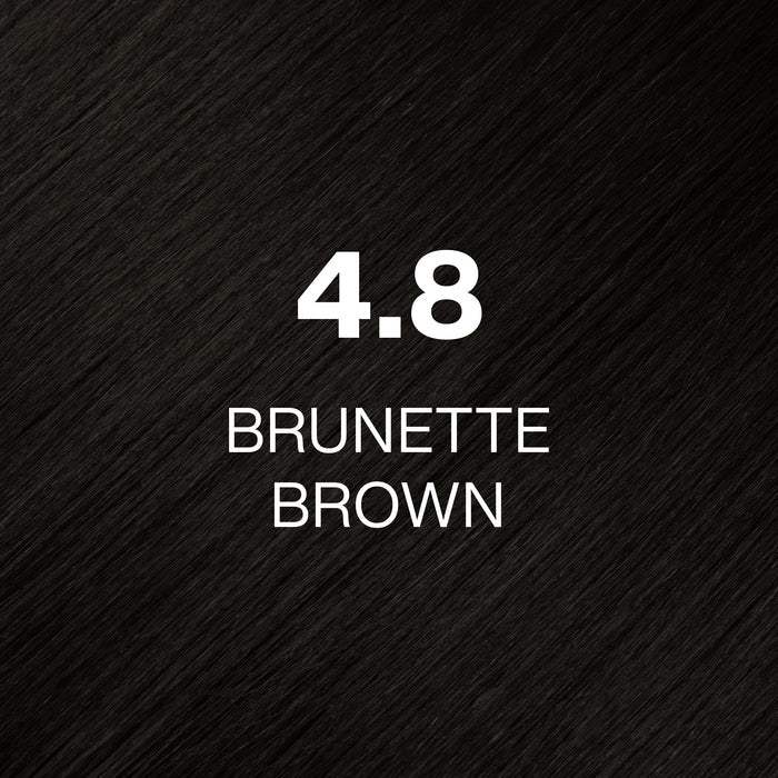 GK Hair Juvexin Cream Color 4.8 Brunette Brown hair color swatch, very dark brown hair texture with the shade code printed on it