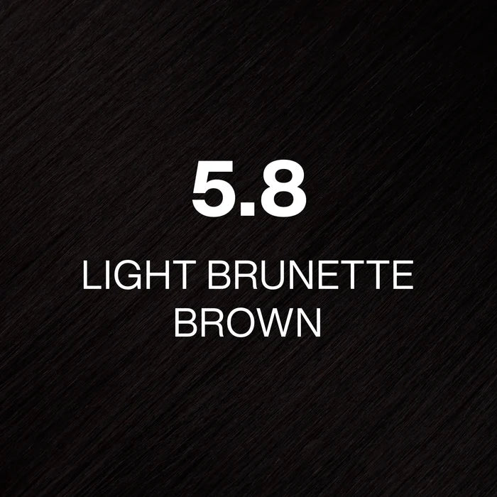 Juvexin Cream Color Brown 5.8 Light Brunette Brown hair texture close-up, very dark near-black brown, code and name over it