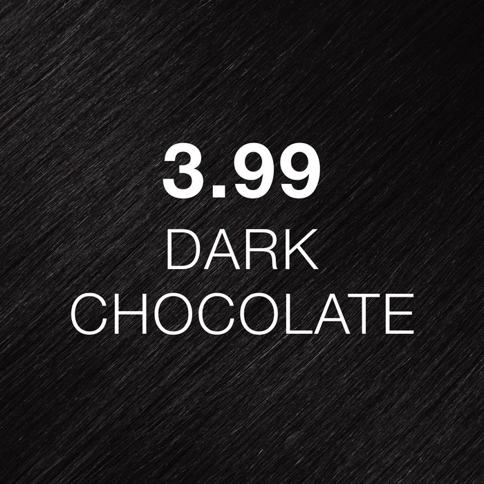 Juvexin Cream Color Chocolate 3.99 Dark Chocolate hair texture close-up, near-black brown, code and name printed over it