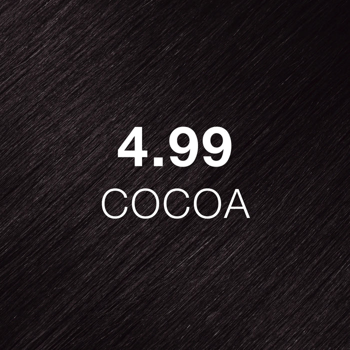 Juvexin Cream Color Chocolate 4.99 Cocoa hair texture close-up, very dark plum-toned brown, code and name printed over it