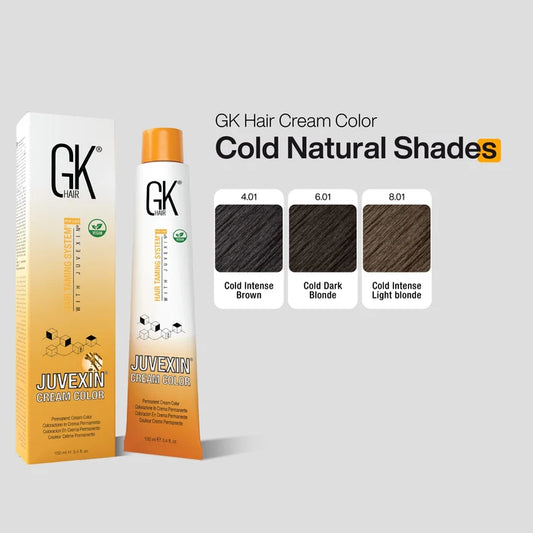 Juvexin Cream Color Cold Natural Shades chart: 4.01 Cold Intense Brown, 6.01 Cold Dark Blonde, 8.01 Cold Intense Light Blonde