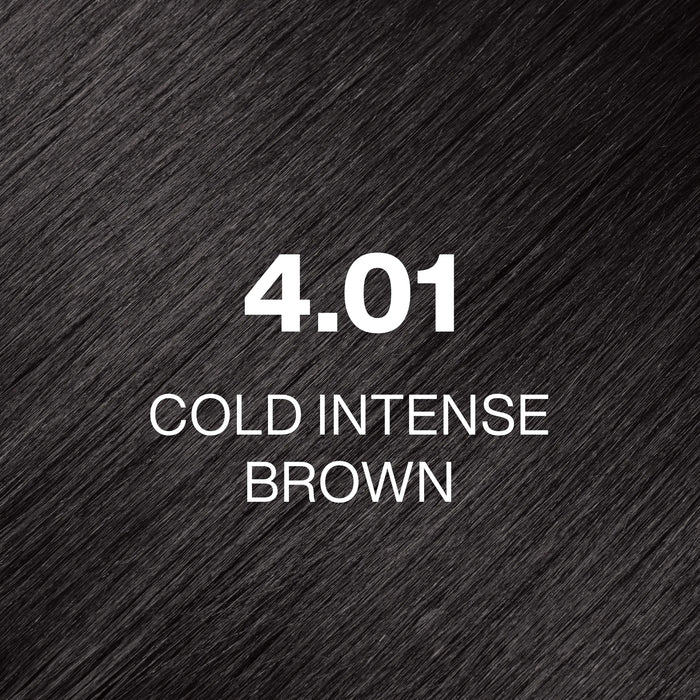 Juvexin Cream Color Cold Naturals 4.01 Cold Intense Brown hair texture close-up, dark ashy gray-brown, code and name over it